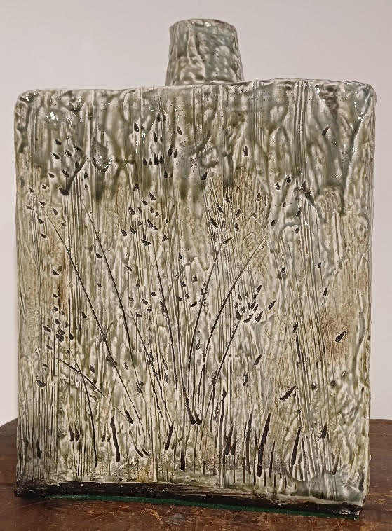 Square Bottle Vase with impressed grasses by Ray Toms